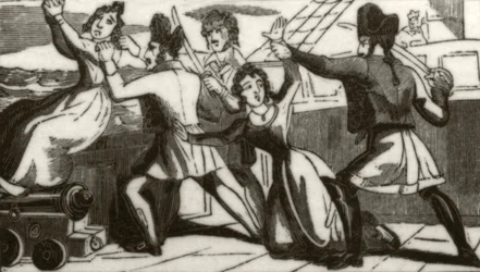 La signora Glass e sua figlia implorano i pirati di risparmiare le loro vite, c.1836