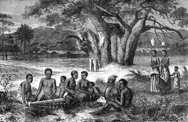 Musicisti delle rive del fiume Zambeze, Africa. Incisione 1885
