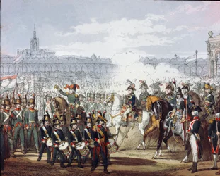 Napoleone Bonaparte (1769-1821) rivede la legione lombarda e cispadana della milizia il 09/07/1797. Acquerello. Milano, Museo del Risorgimento
