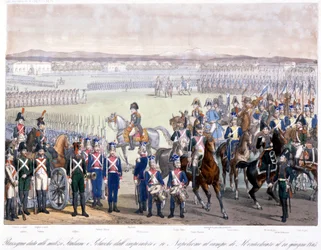 Napoleone Bonaparte rivede la milizia italiana e polacca a Montechiaro nel 1805. Incisione del 1845