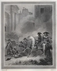 Napoleone schiaccia la ribellione realista - Napoleone Bonaparte (a cavallo) comanda le truppe rivoluzionarie nei combattimenti di strada il 13 Vendemiaire (5 ottobre) - 13 Vendemiaire 1795 (insurrezione realista del 5 ottobre 1795): Bonaparte ristabilisce