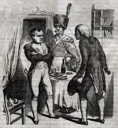 Napoleone I in presenza di Jean Nicolas Corvisart (1755-1821) medico. Incisione inglese in "La Santé Universelle - Guide Médical des Familles" 1852