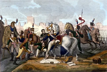 Napoleone I ferito davanti a Ratisbona il 23 aprile 1809. Incisione del XIX secolo