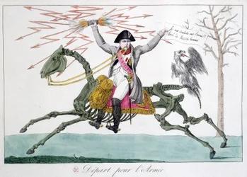 Napoleone: caricatura di un uomo guerriero su uno scheletro di cavallo - in "Napoleone I", collezione di caricature