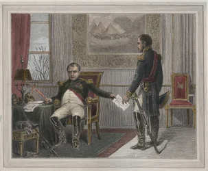 Napoleone firma la sua abdicazione 1814 - Napoleone Bonaparte (1769-1821) a Fontainebleau durante la sua prima abdicazione, firmata nell