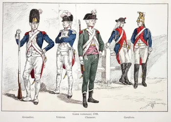 Guardia Nazionale, nel 1789, da sinistra a destra: il granatiere, il veterano, il cacciatore e i cavalieri (acquaforte a colori)