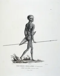 Nativo North-Gal-Derri del Nuovo Galles del Sud della Nuova Olanda che avanza per combattere - in "Viaggio di Scoperte nelle Terre del Sud" di Messrs. Lesueur e Peer