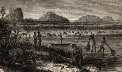 Vicino alle cascate del Rovuma (Mozambico), attività di pesca. Incisione per illustrare i primi viaggi del Dr. Livingstone in Africa meridionale dal 1840 al 1856, in 