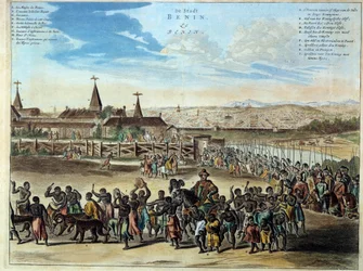 Nigeria, capitale del regno del Benin, uscita solenne del Re Houegbadja (1645-1689), a Obamey nel 1680. Incisione del 1686. Parigi, Arti Africane e Oceaniche