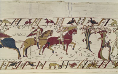 Gli esploratori normanni vengono inviati in avanscoperta per osservare i movimenti di Harold, Arazzo di Bayeux