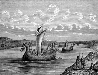 Navi normanne risalenti un fiume - incisione