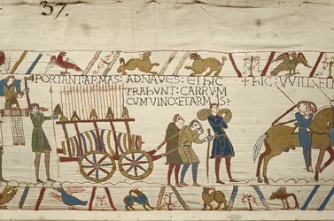 Normanni che tirano un carro carico di vino e armi, Arazzo di Bayeux