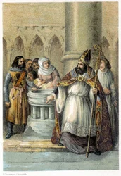 Notger (930 - 1008), vescovo di Liegi, durante il battesimo di Ottone III (980-1002), re di Germania. Cromolitografia del XIX secolo