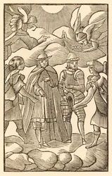Ora, ora guardate come cavalcano i santi pellegrini, le nuvole sono i loro carri, gli angeli sono la loro guida, da «Il viaggio del pellegrino da questo mondo a quello che verrà» di John Bunyan (1628-1688), Christian e