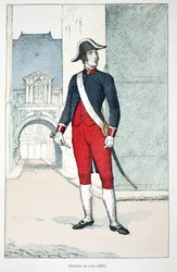 Ufficiale di Pace (1802). Acquaforte a colori, per illustrazione “Histoire du corps des gardiens de la paix” libro pubblicato sotto gli auspici di Louis Lepine (1846-1933) prefetto di polizia della Senna, di Alfred Rey (1864-?) e Louis Feron (1862-?)