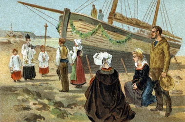 Antica usanza celebrata nella regione della Bretagna: battesimo di una barca da pesca. Cromolitografia della fine del XIX secolo
