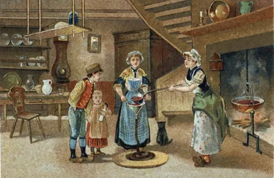 Antica usanza celebrata nella regione del Delfinato: La boudinée. Cromolitografia della fine del XIX secolo
