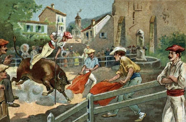 Antica usanza celebrata nella regione della Biscaglia: corse landesi in un villaggio. Cromolitografia della fine del XIX secolo.