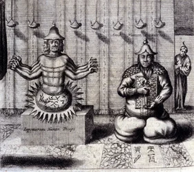 A sinistra, divinità indù con otto braccia, a destra Amida, Buddha giapponese. "De China Monumenta" di Athanasius Kircher, Amsterdam 1667