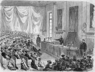 Apertura dei corsi per ragazze alla Sorbona nel 1867. Incisione dal disegno del Sig. Lix