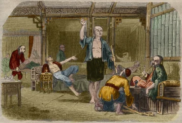 Fumatori di oppio in Cina a metà del XIX secolo. Incisione del 1857 in 