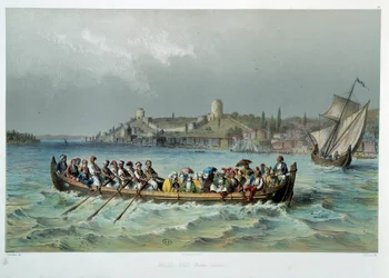 Impero Ottomano: barca omnibus a Costantinopoli (Istanbul). Litografia del XIX secolo. Arti Decorative, Parigi