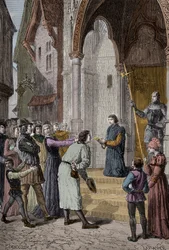 PERKIN WARBECK (c1474-1499) impostore fiammingo; professava di essere Riccardo, Duca di York, secondo figlio di Edoardo IV - Legge la sua confessione fuori dalla Westminster Hall, Londra