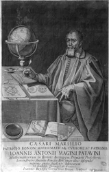 Padova Giovanni Luciano Magini, matematico e astronomo del XVI-XVII secolo nel suo ufficio con strumenti astronomici (incisione del 1617)