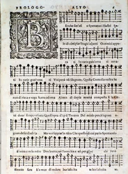 Pagina da Amfiparnaso, commedia madrigalesca di Orazio Vecchi