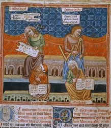 Pagina di un manoscritto che rappresenta le allegorie di Aritmetica e Geometria