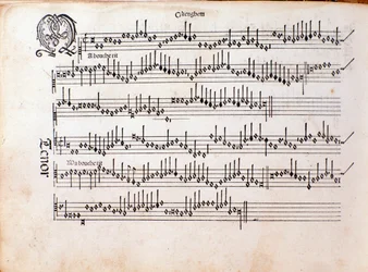 Pagina della partitura musicale di Harmonice Musices Odhecaton di Ottaviano Petrucci (1501)