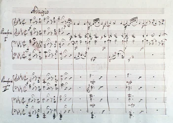 Pagina della sinfonia ridotta per due pianoforti e otto mani de Il flauto magico, opera di Mozart, versione di Lichtenthal (XIX secolo)