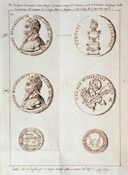 Pagina con ritratti da Il melone, discorso armonico (manoscritto)