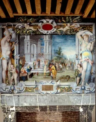 Sopra camino dipinto della sala delle armi raffigurante Salomone e la Regina di Saba