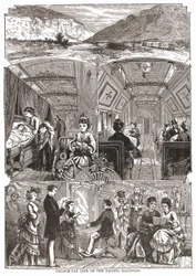 Vita nel vagone-palazzo sulla Ferrovia del Pacifico, incisione sd. XIX secolo
