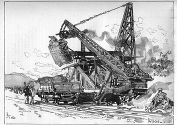 Lavori del Canale di Panama. Macchine principali: escavatore Osgood. Incisione in "Le Monde Illustré"