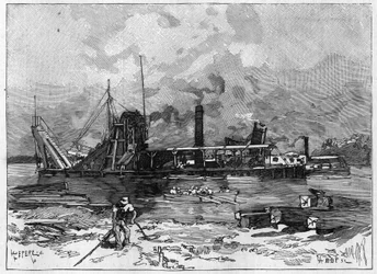 Lavori del Canale di Panama. Macchine principali: una draga e la sua valvola. Incisione in "Le Monde Illustré"