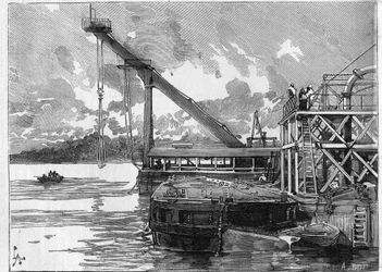 Lavori del Canale di Panama. Principali macchine: il pontone Bigue. Incisione in "Le Monde Illustré"
