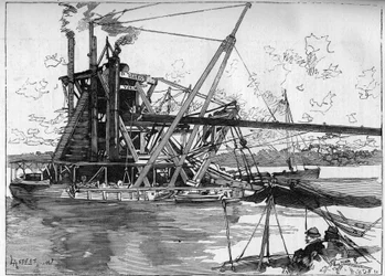 Lavori del Canale di Panama. Macchine principali: la grande draga americana. Incisione in "Le Monde Illustré"