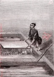 La pasta di carta diventa liquida, fabbricazione della carta in Cina (III secolo a.C.) (incisione