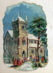 Parrocchiani che vanno in chiesa per la Messa domenicale. Cromolitografia intorno al 1890