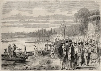 Canoisti parigini. Regate di Saint-Cloud nel 1857. Incisione in "Le Monde illustrious" del 1857. Collezione privata.