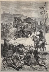 Tiro al pappagallo - illustrazione del XIX secolo per il romanzo storico "I Puritani di Scozia" (Old Mortality) di Walter Scott (1771-1832)
