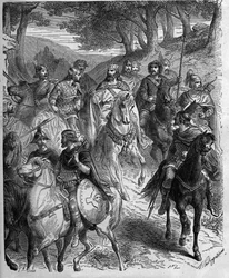 Passaggio delle Alpi da parte di Carlo Magno (747-814), re dei Franchi. Carlo Magno sottomette i Longobardi. Incisione in "Histoire De France En Cent Paintings" di Paul Lehugeur, 1891.