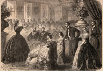 Pauline Viardot-Garcia (1821-1910), cantante francese alla Festa di Beneficenza organizzata dalla Loggia Massonica "La perseverante amicizia" nel Grande Oriente di Parigi. Incisione in "Le Monde illustré" del 1862. Collezione privata