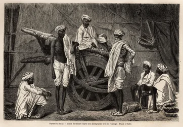 Contadini del Sindh (regione del Punjab, India), accanto alle loro macchine agricole. Incisione per illustrare il viaggio nel Punjab e Kashmir, racconto di Guillaume Lejean, nel 1866, pubblicato in "Le tour du monde, nouveau journal des voyages", sotto la 