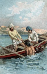 Pescatori di ostriche perle a Ceylon. Cromolitografia della fine del XIX secolo