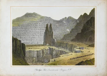 Cave di ardesia di Penrhyn, vicino a Bangor, Galles settentrionale (litografia colorata a mano su carta)