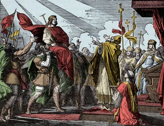 Pipino proclamato re dei Franchi - Consacrazione di Pipino il Breve (714-768), basilica di Saint-Denis, 28 luglio 754: papa Stefano II lo consacrò re dei Franchi e patrizio dei Romani (Patricius Romanorum).