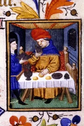 Rappresentazione del mese di gennaio. Un servitore mette il cibo sul tavolo del suo padrone. Miniatura di un manoscritto del XIV secolo.